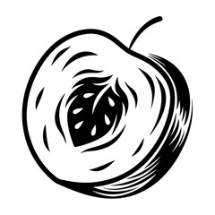 Monochrome graphic illustration of a cut peach with visible pit and stem