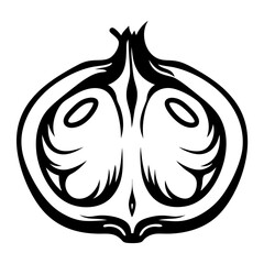 Black and white minimalist stylized drawing of a pomegranate cut in half