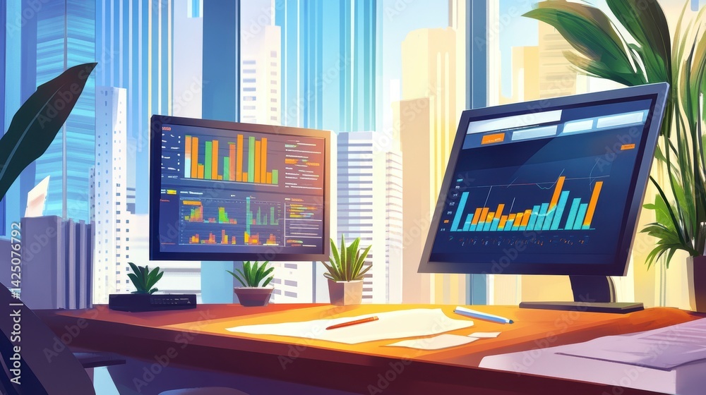 Poster modern office with two monitors displaying financial data, overlooking a cityscape.