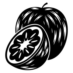 Graphic illustration of two passion fruits one sliced in half in black