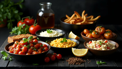Delicious Assortment of Mediterranean Dishes on a Wooden Table, A Feast for the Senses with Vibrant Colors and Textures, Perfect for Culinary Enthusiasts