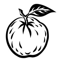 Stylized black and white apple drawing with a leaf and stem