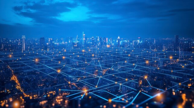 Night city skyline with glowing network connections.