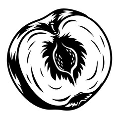 Monochrome Graphic Illustration of a Cut Peach with Exposed Seed Inside