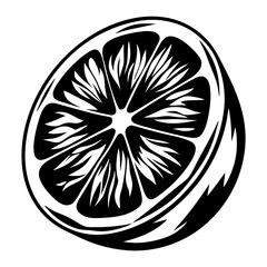 Monochrome illustration of a cut citrus fruit with segments radiating outward