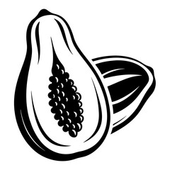 Monochrome illustration of a sliced papaya fruit with seeds prominently displayed