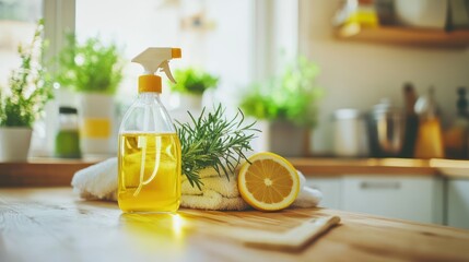 Natural cleaning product composition on kitchen counter with rosemary and lemon
