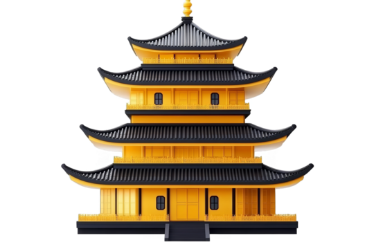Illustration Of A Golden Asian Pagoda Building With Black Roof And Transparent Background