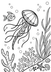 Underwater Coloring Page – Printable Ocean Theme Illustration for Kids and Adults

