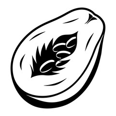 Monochrome Drawing of a Sliced Papaya Fruit with Seeds and Pulp