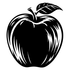 Stylized Black and White Apple Illustration with Leaf and Stem Detail