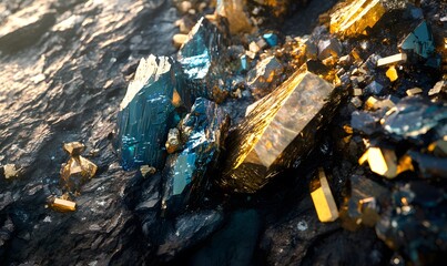 Fototapeta premium Shiny minerals representing rare earth elements in global economic and tech industries Title Copy Edit 