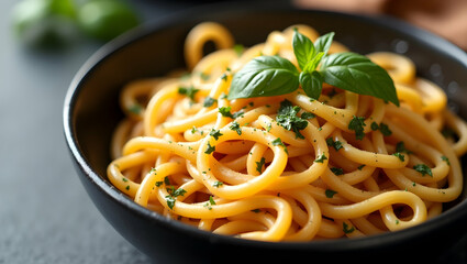 Delicious pasta dish featuring creamy sauce and fresh basil in a stylish bowl, perfect for culinary blogs, food magazines, and restaurant promotions