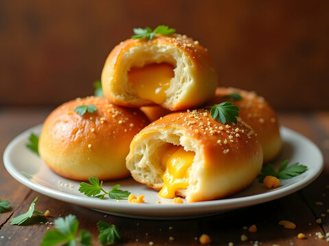 Delicious Paragua Buns, A Close-Up of Freshly Baked, Golden Buns Filled with Melted Cheese and Garnished with Parsley on a White Plate