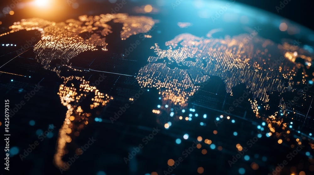 Poster Glowing digital world map with data streams.