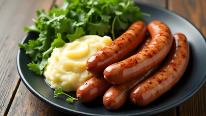 Delicious Presentation of Boiled Sausages with Creamy Mashed Potatoes and Fresh Greens Served on a Plate, a Culinary Delight