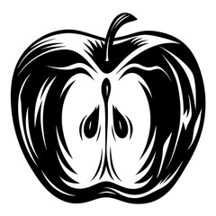 Black and White Apple Slice with Core and Seeds Illustration