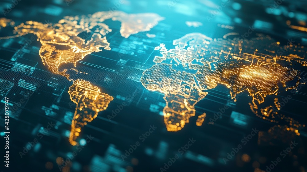 Poster Global network connection, digital world map with glowing lines.