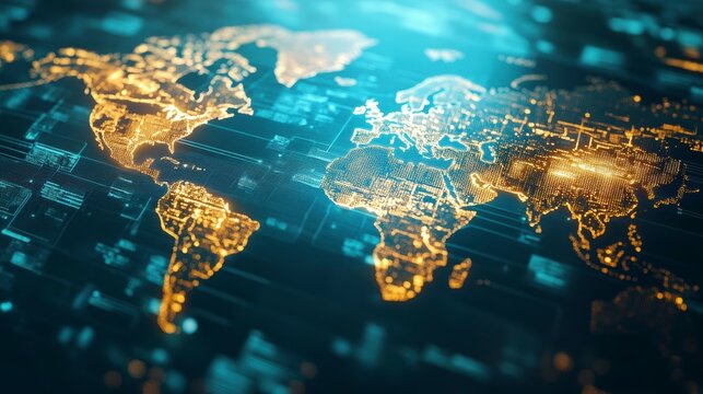 Global network connection, digital world map with glowing lines.