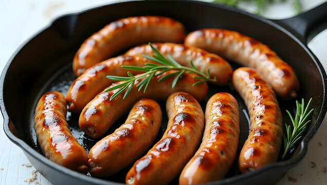 Delicious Sausage Links Sizzling in a Cast Iron Pan, A Culinary Delight Featuring Perfectly Cooked Sausages with Sprigs of Rosemary - Powered by Adobe