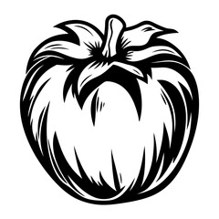 Bold Black and White Tomato Illustration with Stylized Leaves and Stem