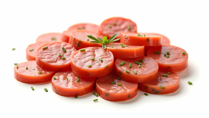 Delicious Sausage Slices with Fresh Herbs, A Culinary Delight on a Pristine White Backdrop Showcasing the Vibrant Colors and Appetizing Texture