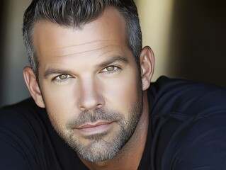 Obraz premium Striking portrait of a handsome man with intense golden eyes and a neatly trimmed beard, captured in a dramatic, warm-toned light