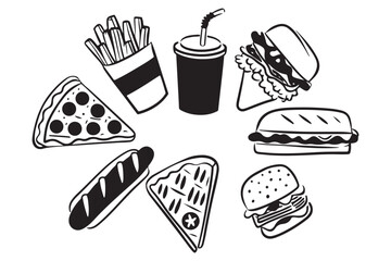 Delicious Fast Food Vector Icons, Black and White Doodle Snack Art, Perfect Clipart for Menus and Designs