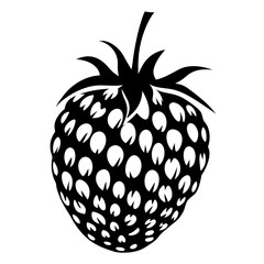 Black and white illustration of a strawberry with leaves and seed indentations