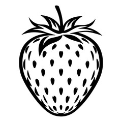 Monochrome strawberry illustration with clearly defined seeds and distinct leaf structure