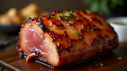 Delicious slow-cooked smoked ham with charred edges presented on a wooden board, garnished with fresh herbs and served with accompaniments