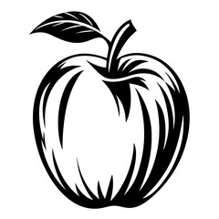 Stylized Black and White Apple Illustration with Leaf and Stem, Minimalist Design