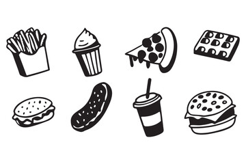 Delicious Fast Food Vector Icons, Black and White Doodle Snack Art, Perfect Clipart for Menus and Designs