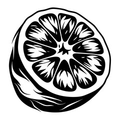 Monochrome Graphic Illustration of a Cut Citrus Fruit Showing Juicy Segments