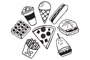 Delicious Fast Food Vector Icons, Black and White Doodle Snack Art, Perfect Clipart for Menus and Designs