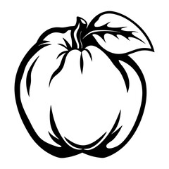 Stylized vector illustration of an apple with a leaf in black and white
