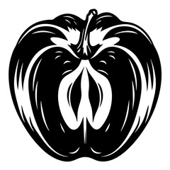 Dramatic monochrome vector illustration of an apple cut in half to the core