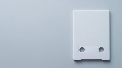 A minimalist design featuring a textured white cassette tape on a smooth gray background, evoking nostalgia and simplicity.