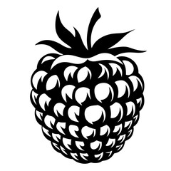 Monochrome Illustration of a Raspberry with Leaves, Depicting a Simple Design
