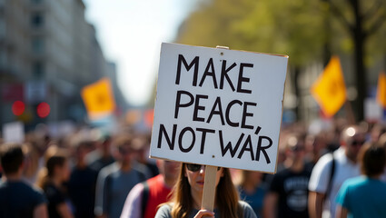 Demonstration for Peace, A Crowd of People Marching for Global Harmony with a Sign Displaying 'Make Peace Not War' in a Peaceful Protest to promote diplomacy and understanding