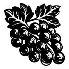 Stylized Black and White Grape Bunch with Leaves Vector Illustration