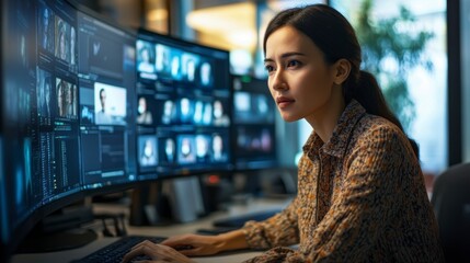 Focused woman working on multiple computer screens in a modern office.