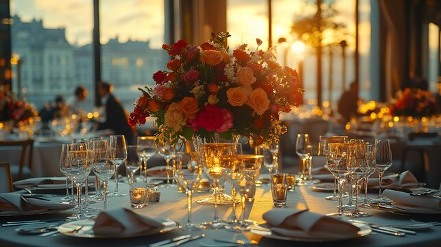 Elegant corporate event venue with ambient lighting and sophisticated table settings for upscale business functions
