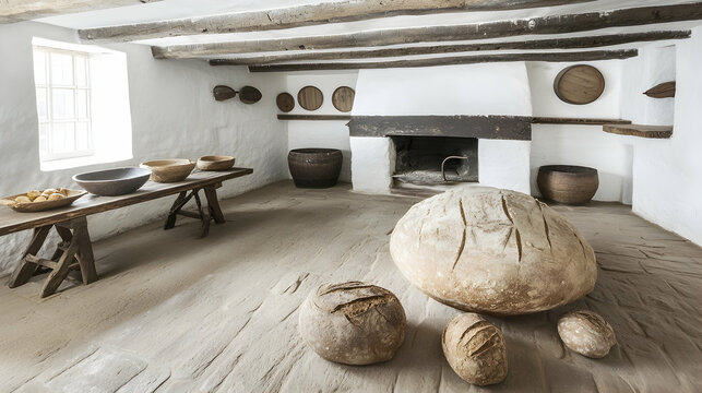 Rustic kitchen with fireplace, wooden tables, bowls, and large loaves of bread on the floor. Ideal for historical or culinary content