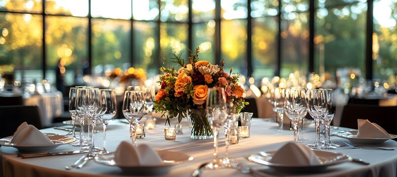 Elegant corporate event venue with ambient lighting and sophisticated table settings for upscale business functions
