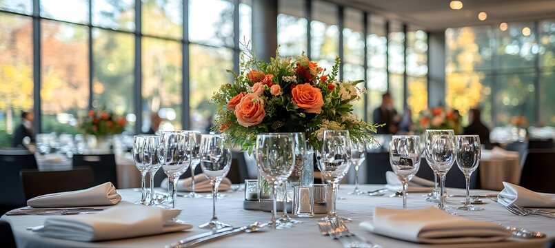 Elegant corporate event venue with ambient lighting and sophisticated table settings for upscale business functions
