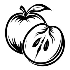 Artistic black and white depiction of a whole apple and a halved apple