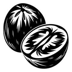 Black and White Illustration of Two Tamarillos, One Cut in Half