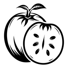 Monochrome vector illustration featuring a whole and sliced orange fruit