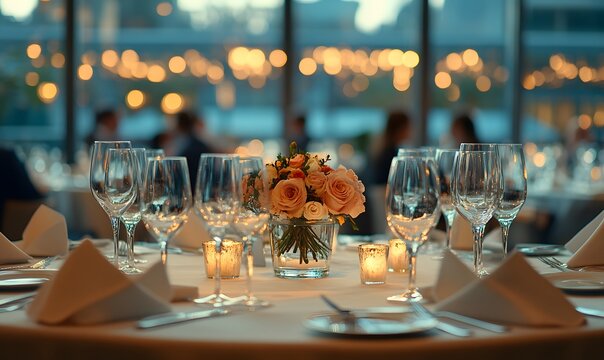 Elegant corporate event venue with ambient lighting and sophisticated table settings for upscale business functions
